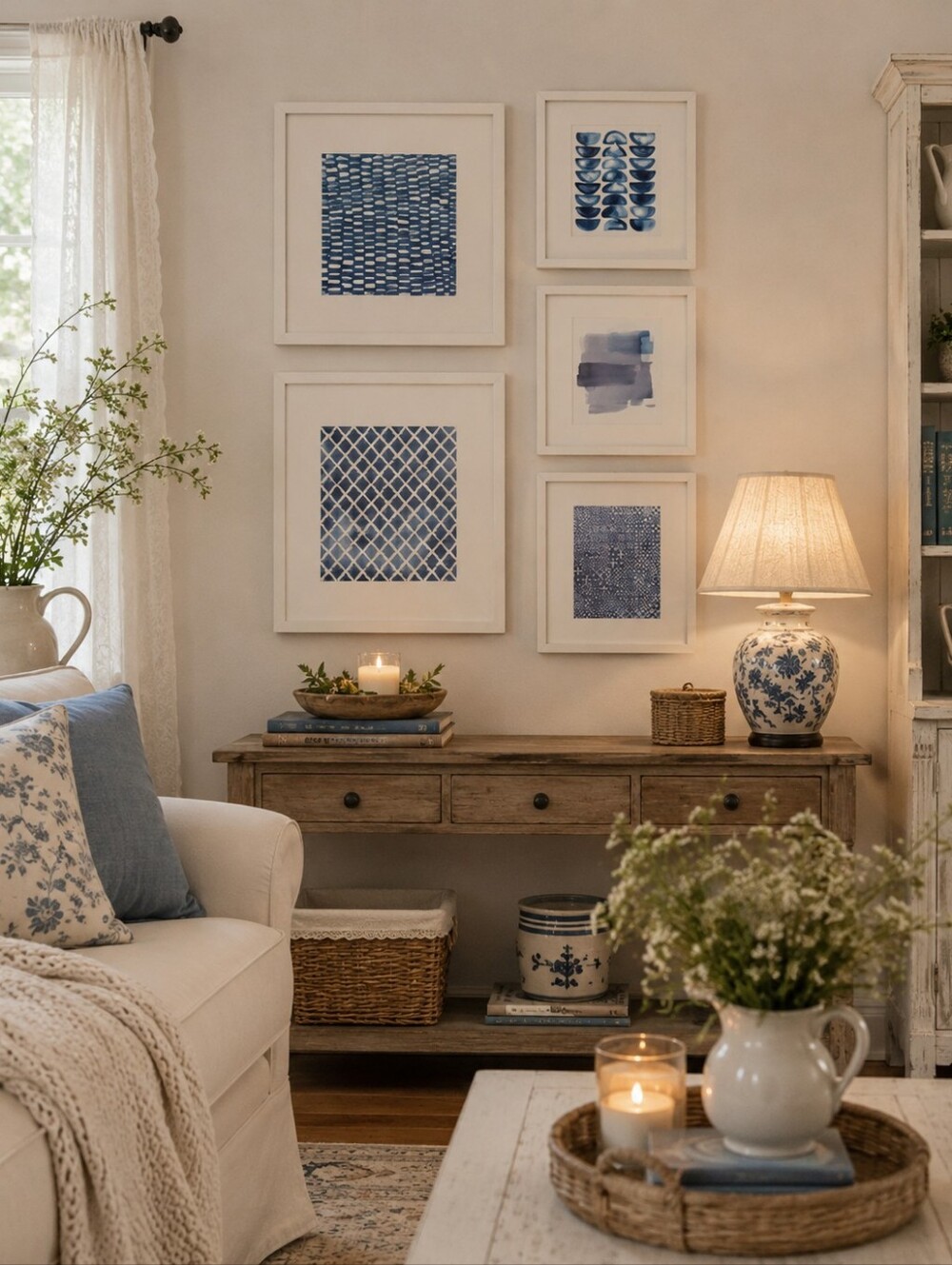 White-Framed Blue Patterned Wall Art Set - Home Art